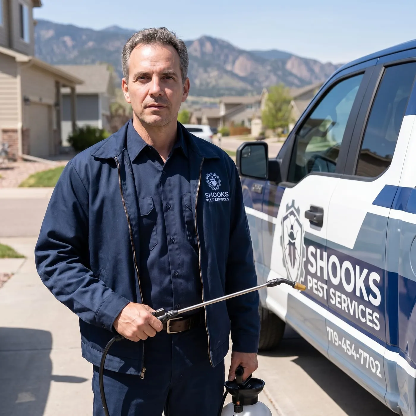 Caleb Hawkins, manager of Shooks Pest Services, in a company uniform beside the Shooks truck in Colorado Springs